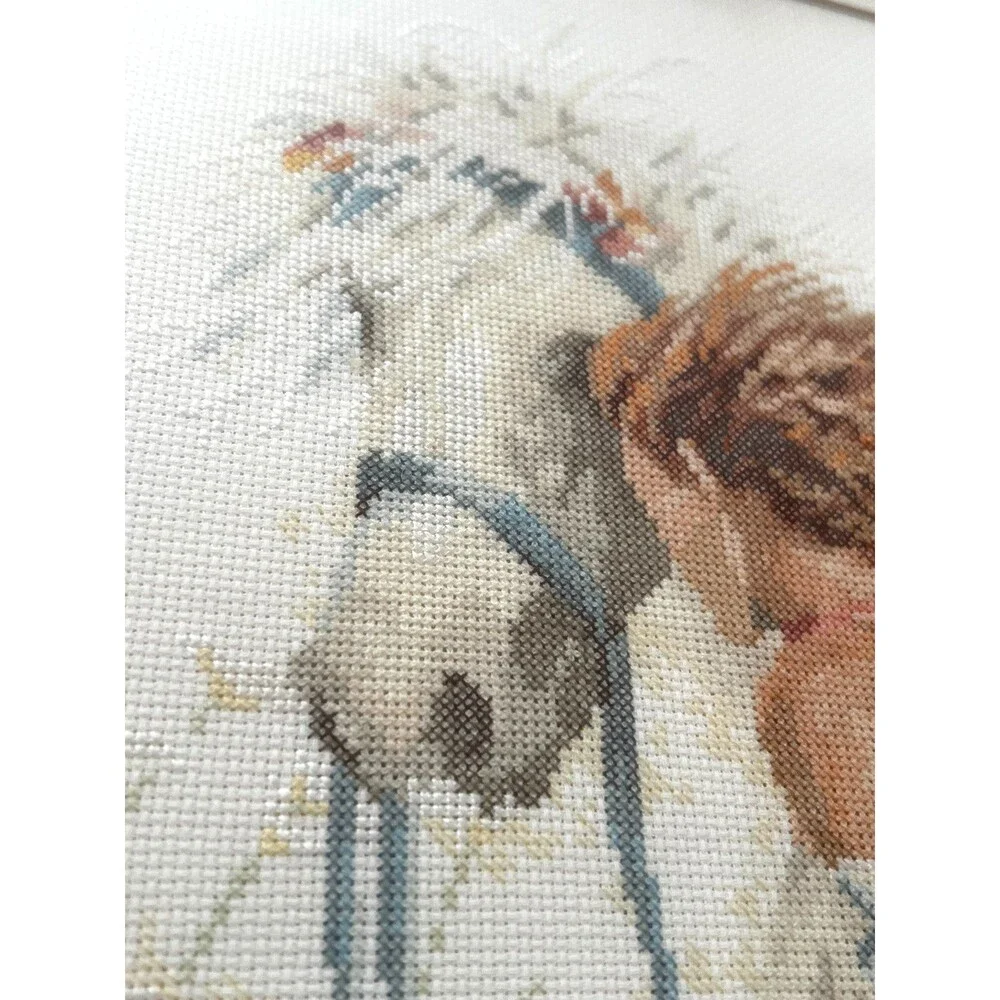 Vtg Handmade Framed Cross-stitch Wall Art Horse Pony Woman Pastel Prairie Floral